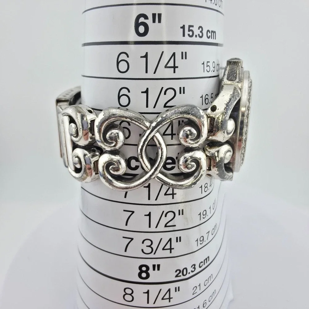 BRIGHTON Watch SWAROVSKI Crystal Open Heart Scrollwork Band Silver Plate 7